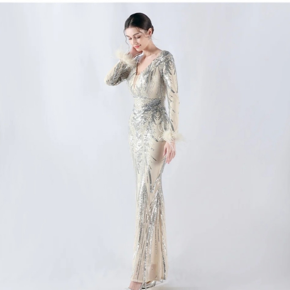 Sequin Silver & Cream Long-Sleeve Evening Gown With Ostrich Feathers - Picture 5 of 16